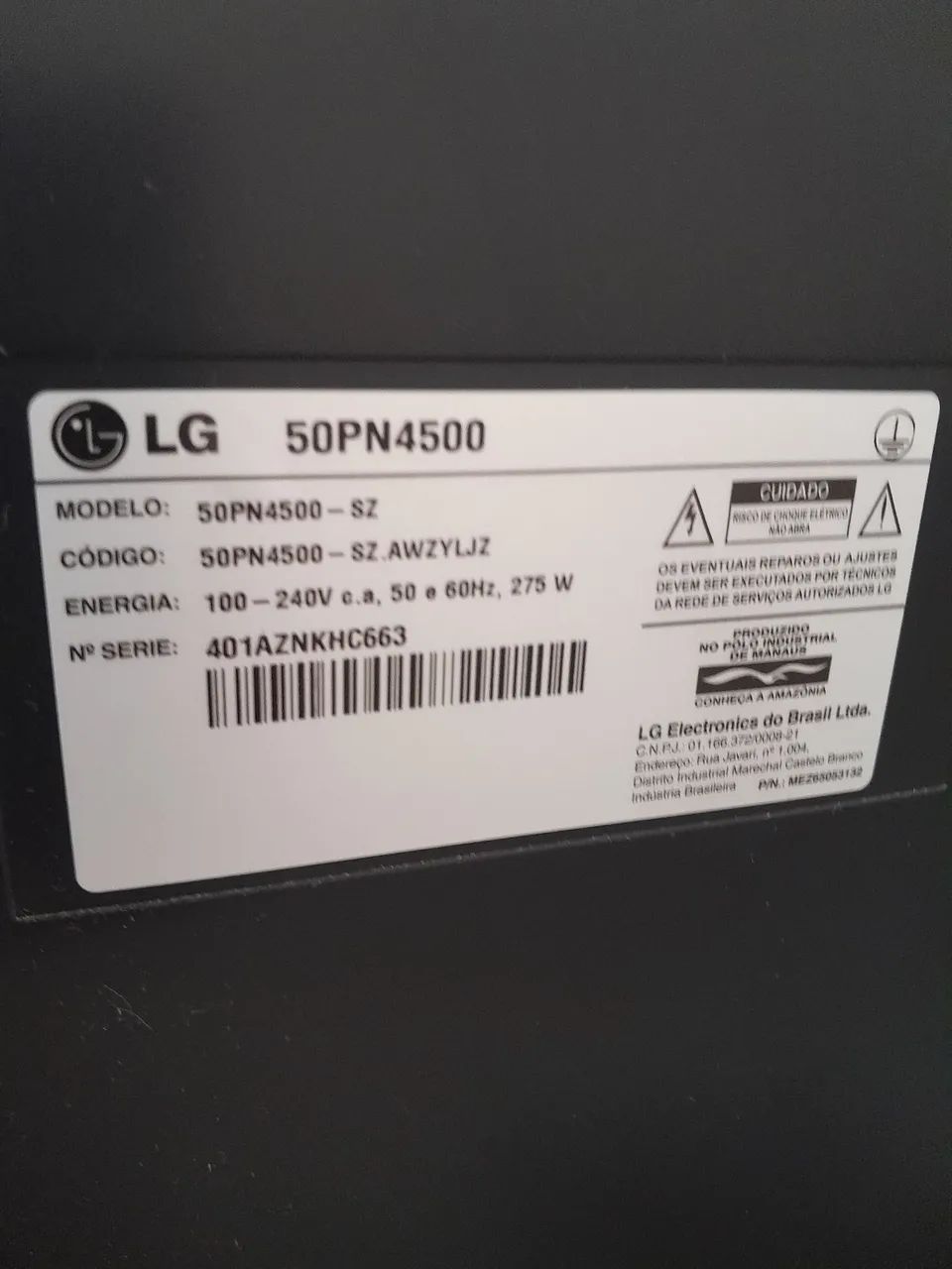 Tv lg 50 new plasma defeito