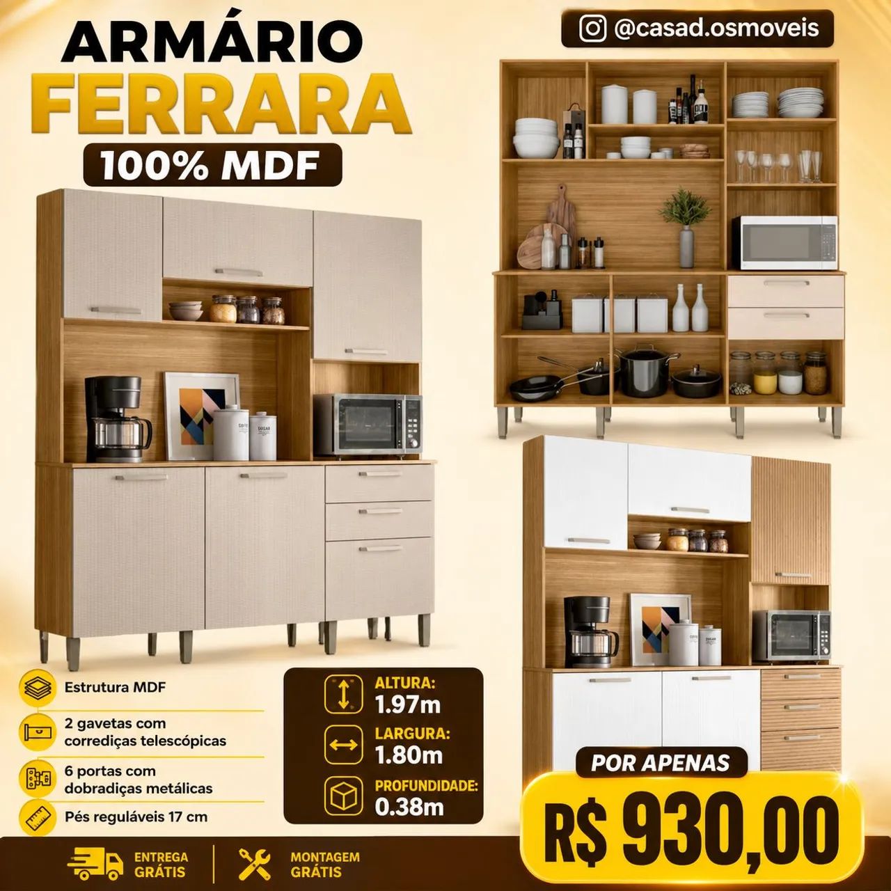 Armário de cozinha 100% MDF - Ferrara 