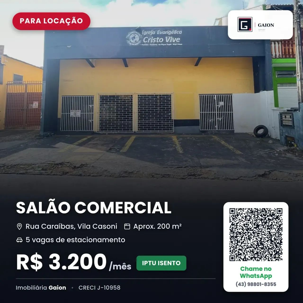 Salão Comercial 200m² para Alugar  Vila Casoni | 5 Vagas | IPTU Isento