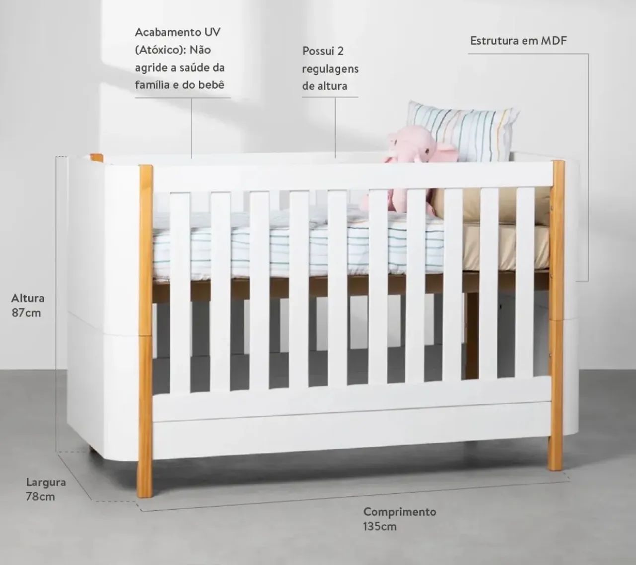 Berço Mini Cama Curvo Pina - Branco e Amêndoa 3 em 1  - Foto 6