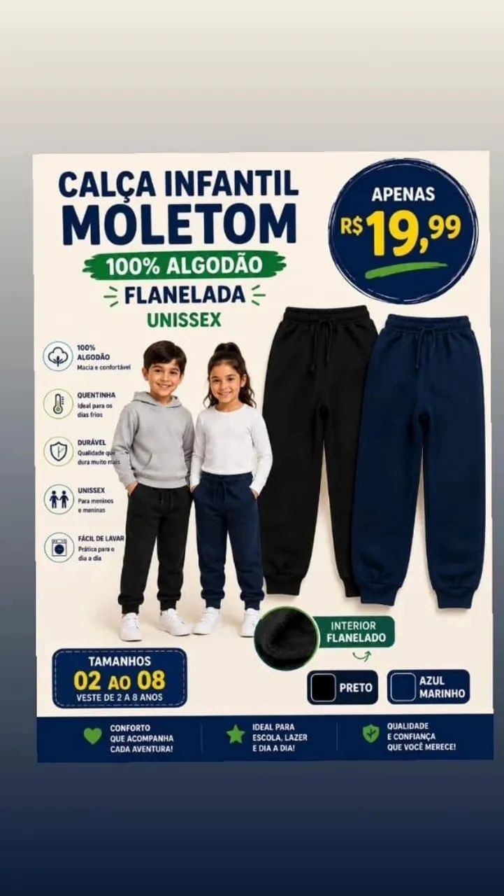 Calças moletom infantil flanelada