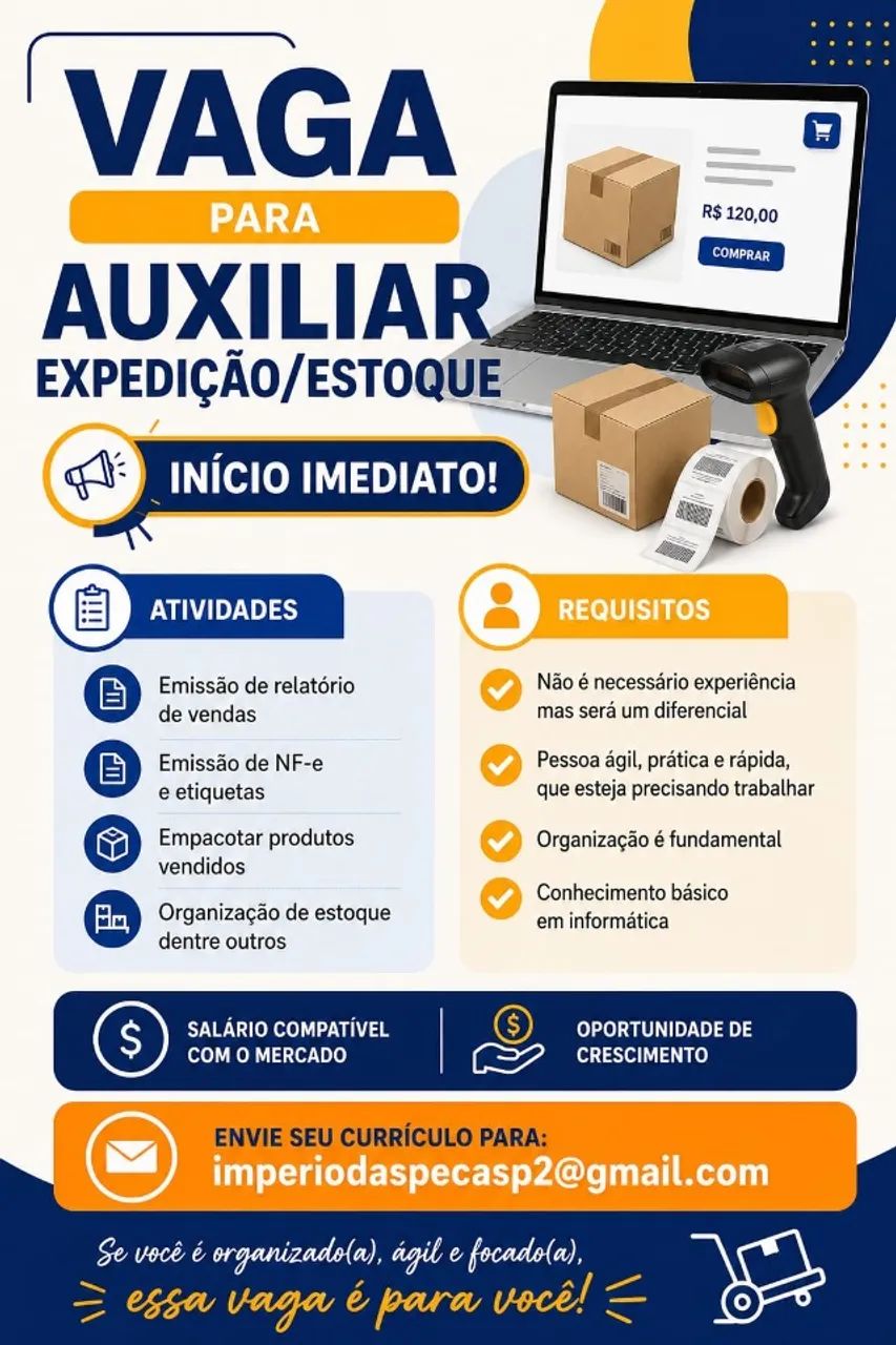 VAGA PARA AUXILIAR DE EXPEDIÇÃO / ESTOQUE 1