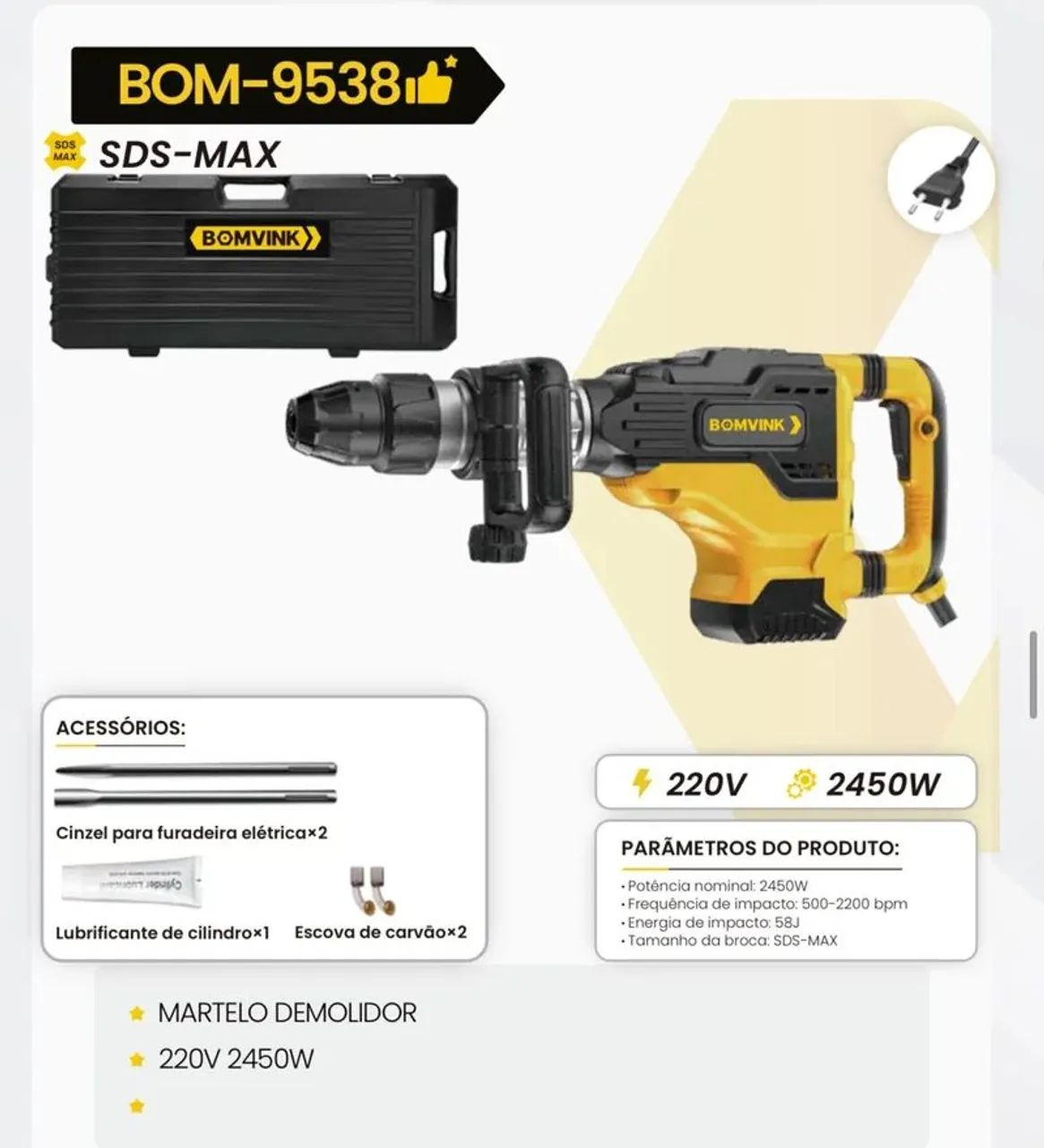 Martelo Demolidor Bomvink BOM-9538 SDS-MAX 220V 2450W