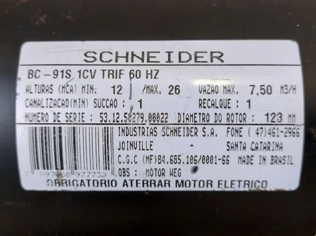 Bomba Centrifuga Schneider Bc-91s 1Cv //// Trifásica //// Frequência 60Hz //// Novíssima!! - Foto 5