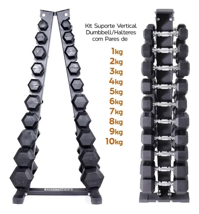 Kit Halteres Sextavado Injetados pegada inox Pares 1 A 10 Kg Com Suporte