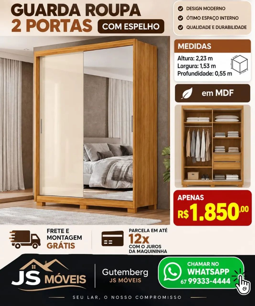 Guarda roupa casal 2 portas correr