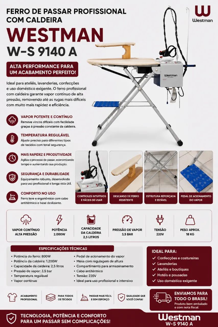 Ferro de passar profissional com caldeira Westman W-S 9140 A
