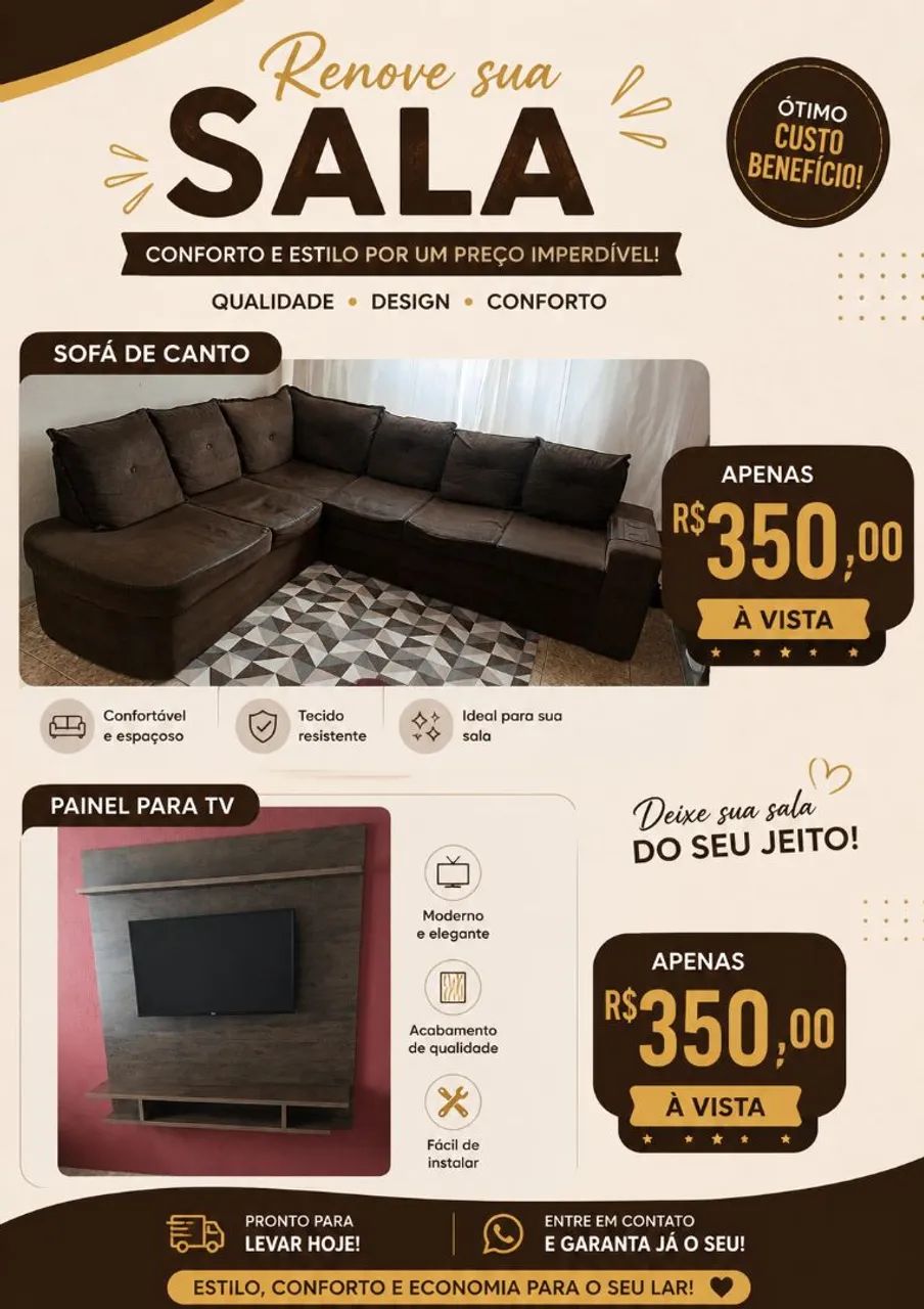 Sofá de canto e painel para tv 