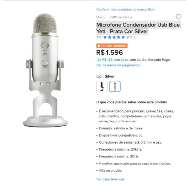 Microfone Condensador Usb Blue Yeti - Prata Cor Prata  - Foto 3
