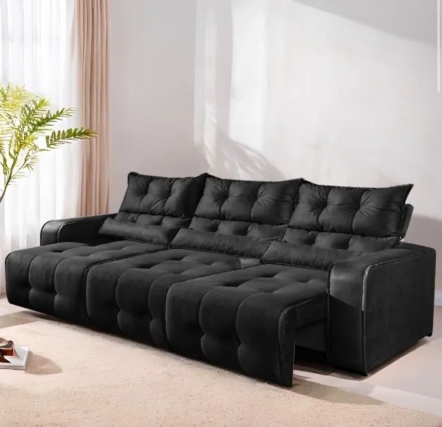 Sofá Retrátil Preto Sala Comfort 2,50 m