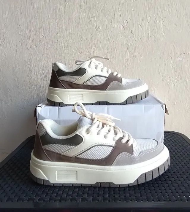 tênis chunky feminino plataforma cinza e branco | novo