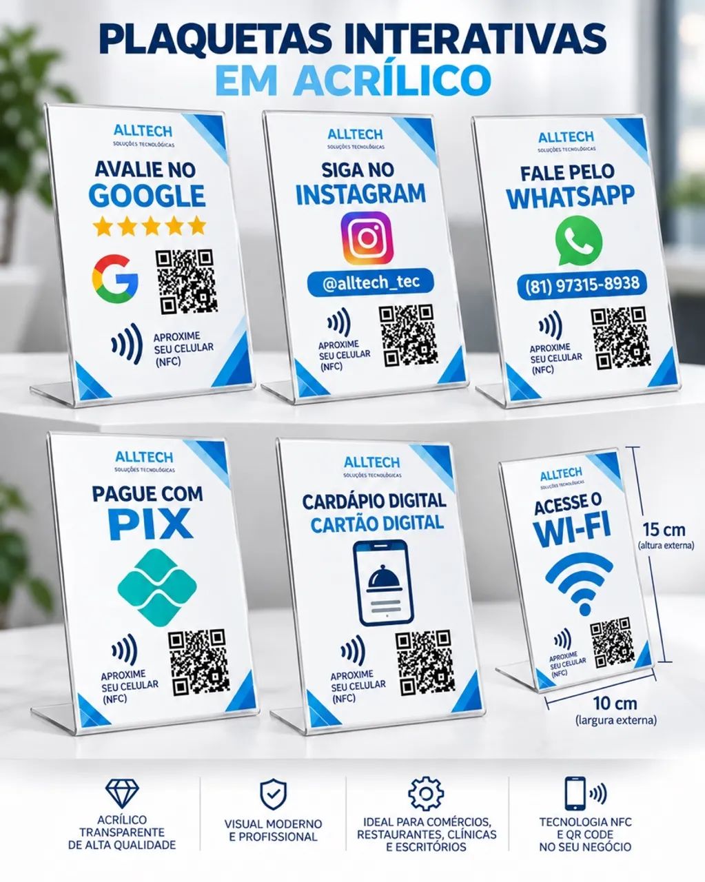 Plaquinha NFC e QR Code WhatsApp avaliação google wifi instagram