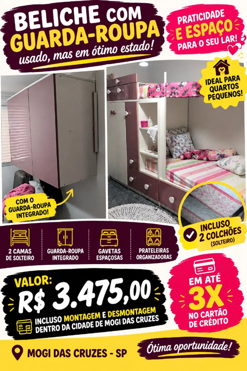 Beliche com Guarda-Roupa Integrado + 2 Colchões