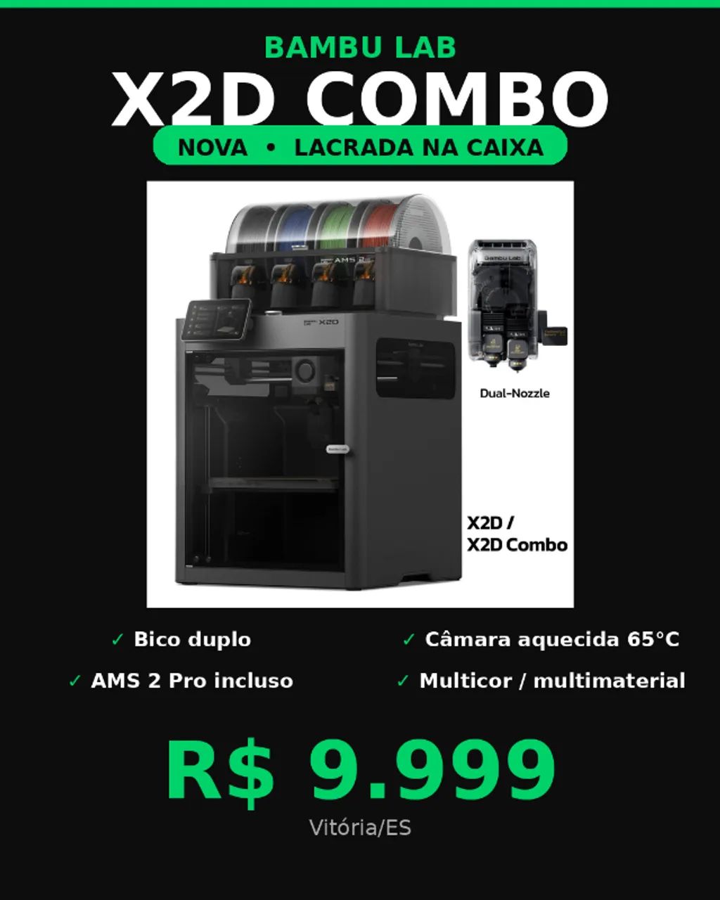 Impressora 3D Bambu Lab X2D Combo - Nova, Lacrada