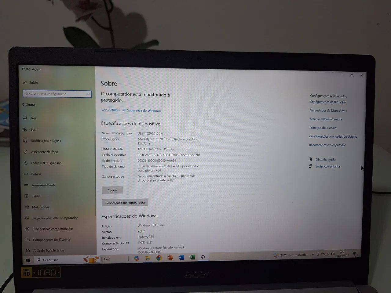 Notebook Acer AMD Ryzen 7 5700U 12GB 512GB SSD