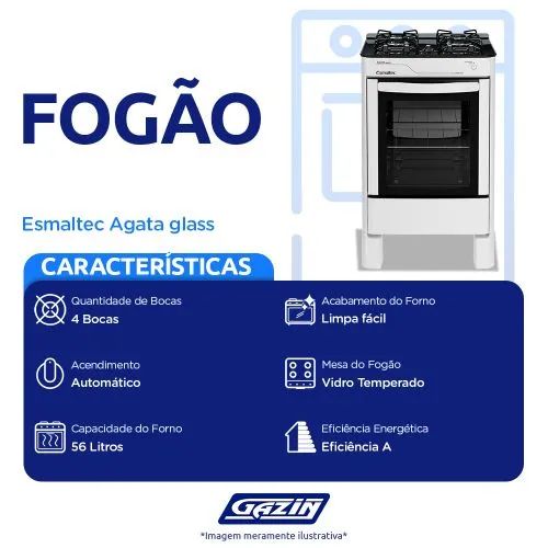 Fogão Esmaltec Agata Glass 4 Bocas - 56 Litros