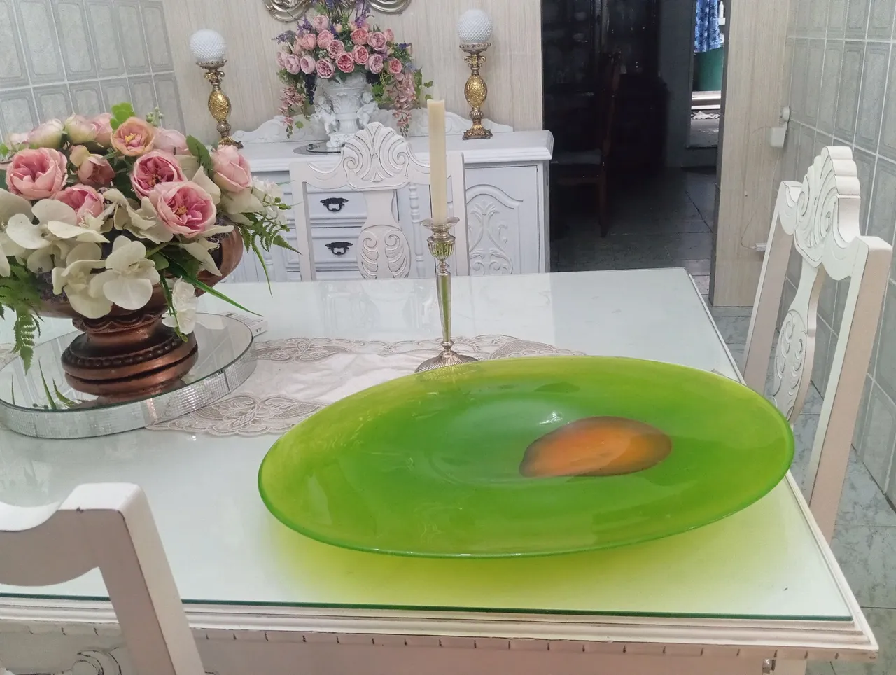 Vaso Decorativo Murano Verde com Detalhe Laranja