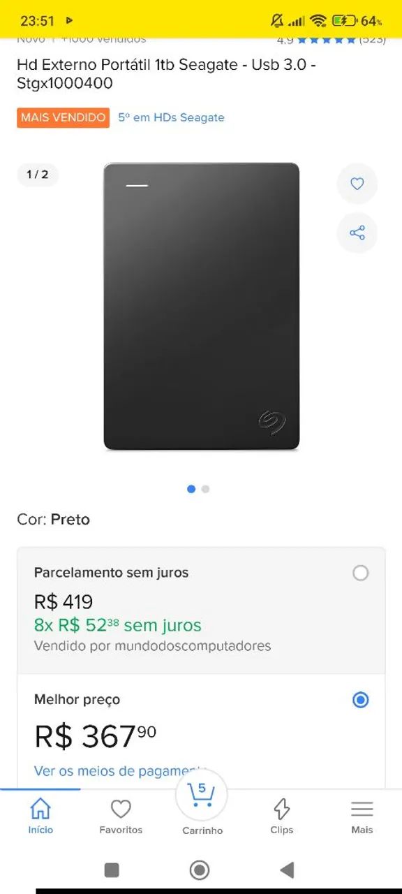 HD SEAGATE 1 TERA JA FORMATADO 64330128710402122