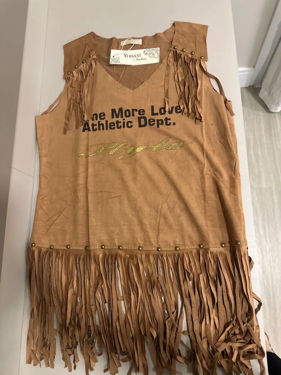 Camiseta com Franjas Marrom em suede  - Foto 2