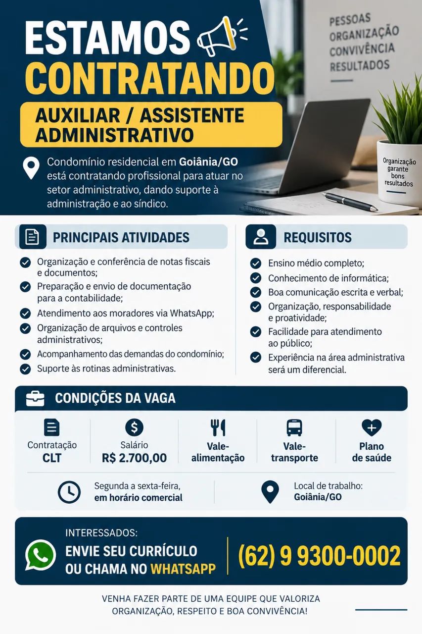 Vaga para auxiliar ou assistente administrativo 