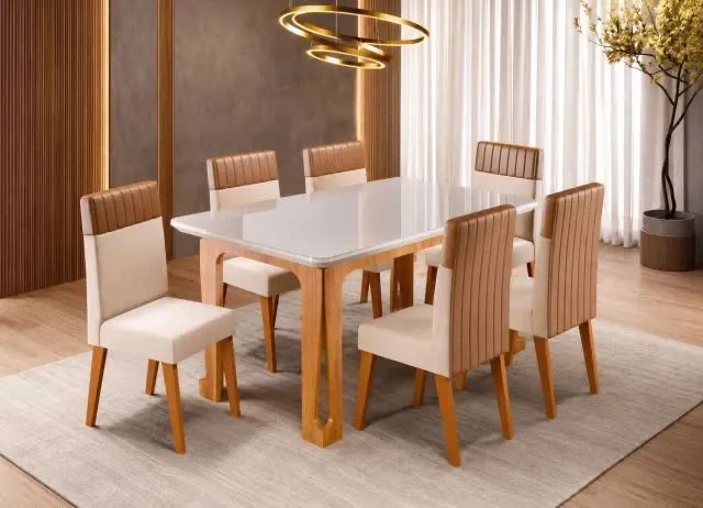 Mesa de Jantar c/ 6 Cadeiras de estofado de CorinoEntrega e Montagem Grátis 