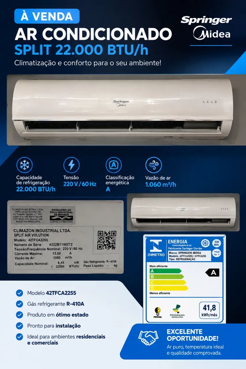 Ar-Condicionado Split Springer Midea 22.000 BTUs - Classe A