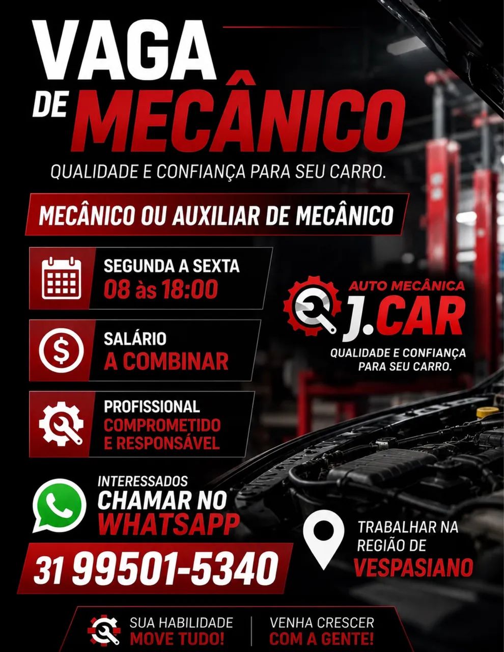 Vaga de Mecânico/ Auxiliar de Mecânico COM EXPERIÊNCIA 