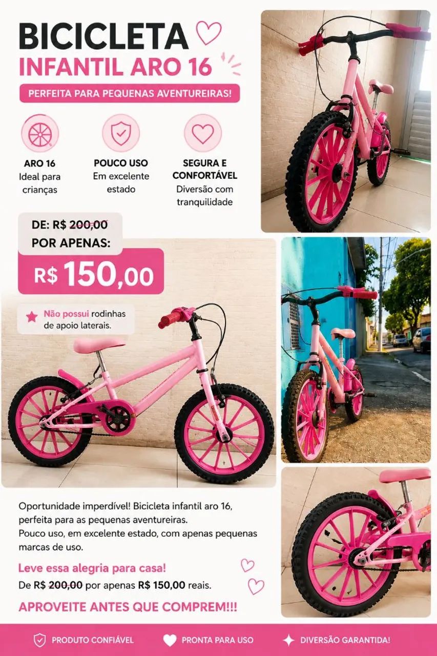 Bicicleta infantil aro 16 Rosa - Foto 4