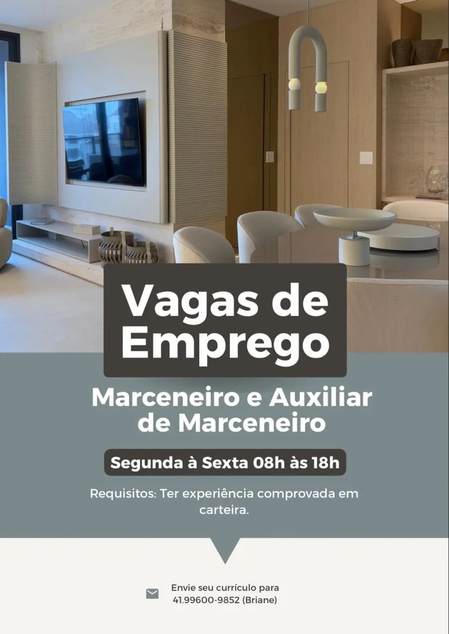 VAGA DE EMPREGO - MARCENEIRO / AUXILIAR DE MARCENARIA