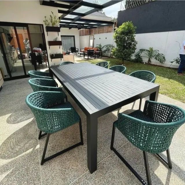 CONJUNTO MESA RETANGULAR DE ALUMINIO + 8 CADEIRAS DE CORDA NÁUTICA 