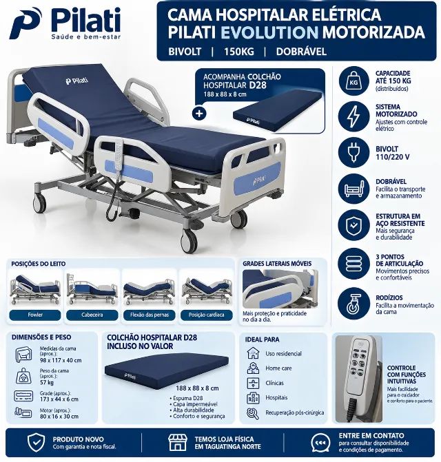 Cama Hospitalar Elétrica Pilati Evolution Motorizada + Colchão D28