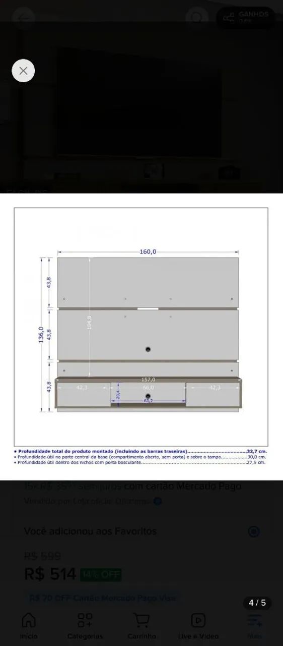 Painel para TV + Rack Suspenso 65 polegadas - Excelente Estado - Foto 2