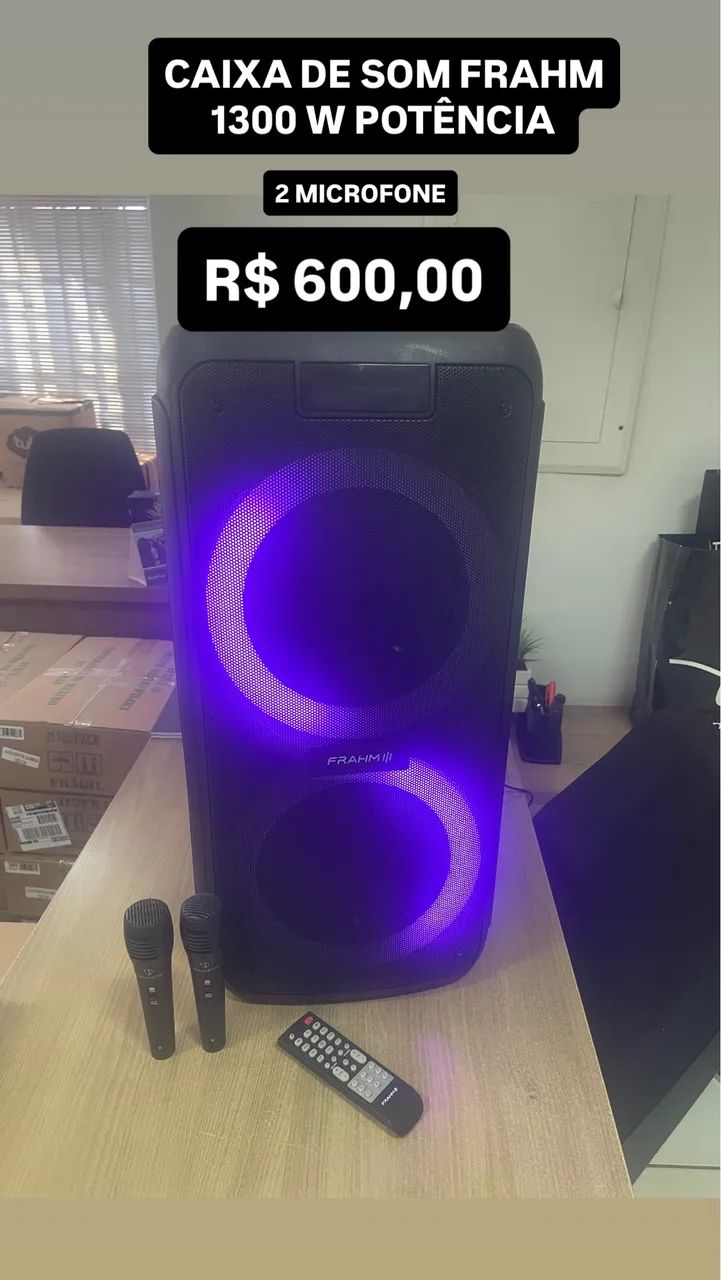 CAIXA DE SOM FRAHM 1300W 2 MICROFONE KARAOKÊ  - Foto 5