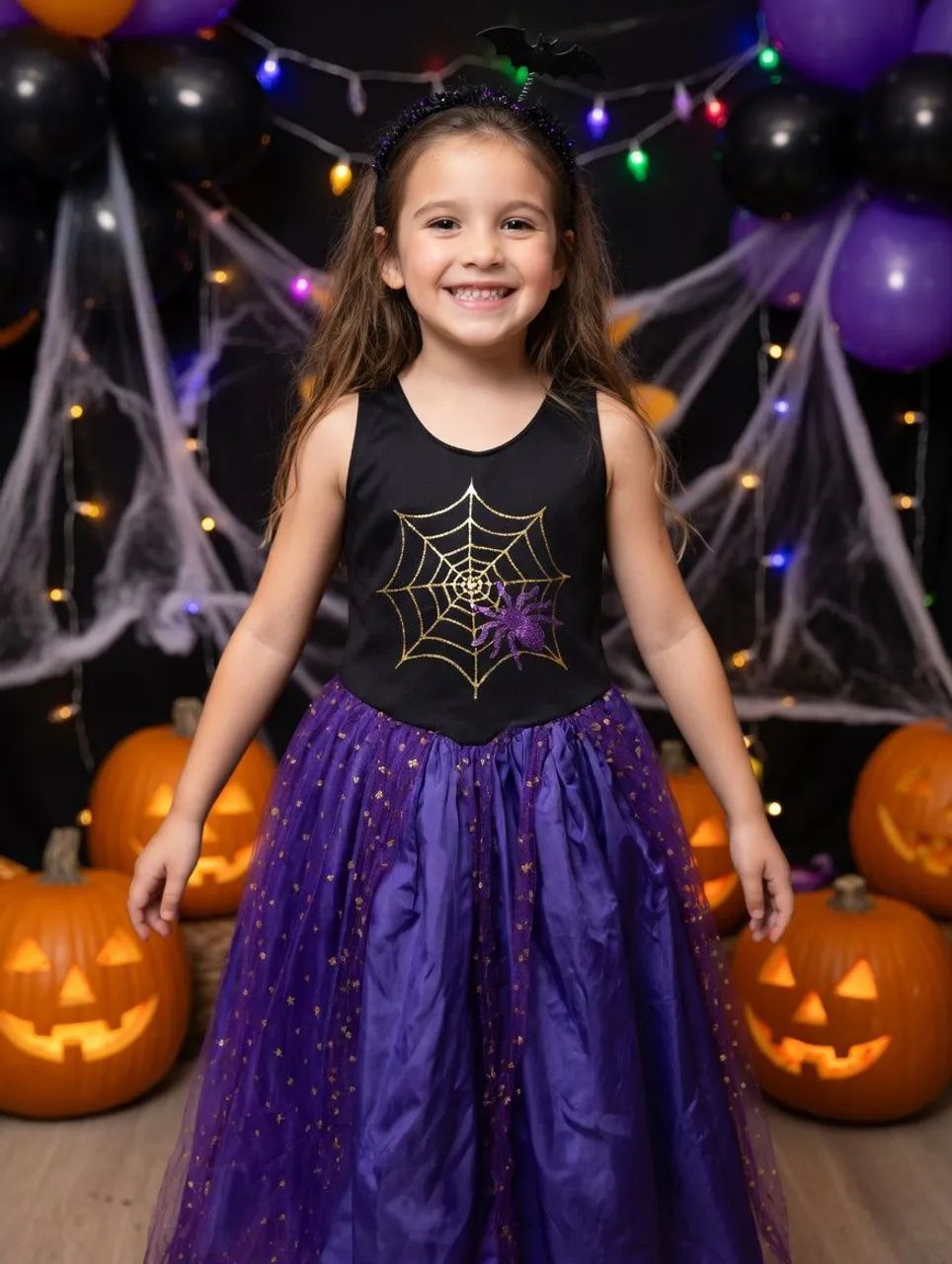 Vestido haloweem 10 snos estampa teia de aranha prero e saia roxa armada 
