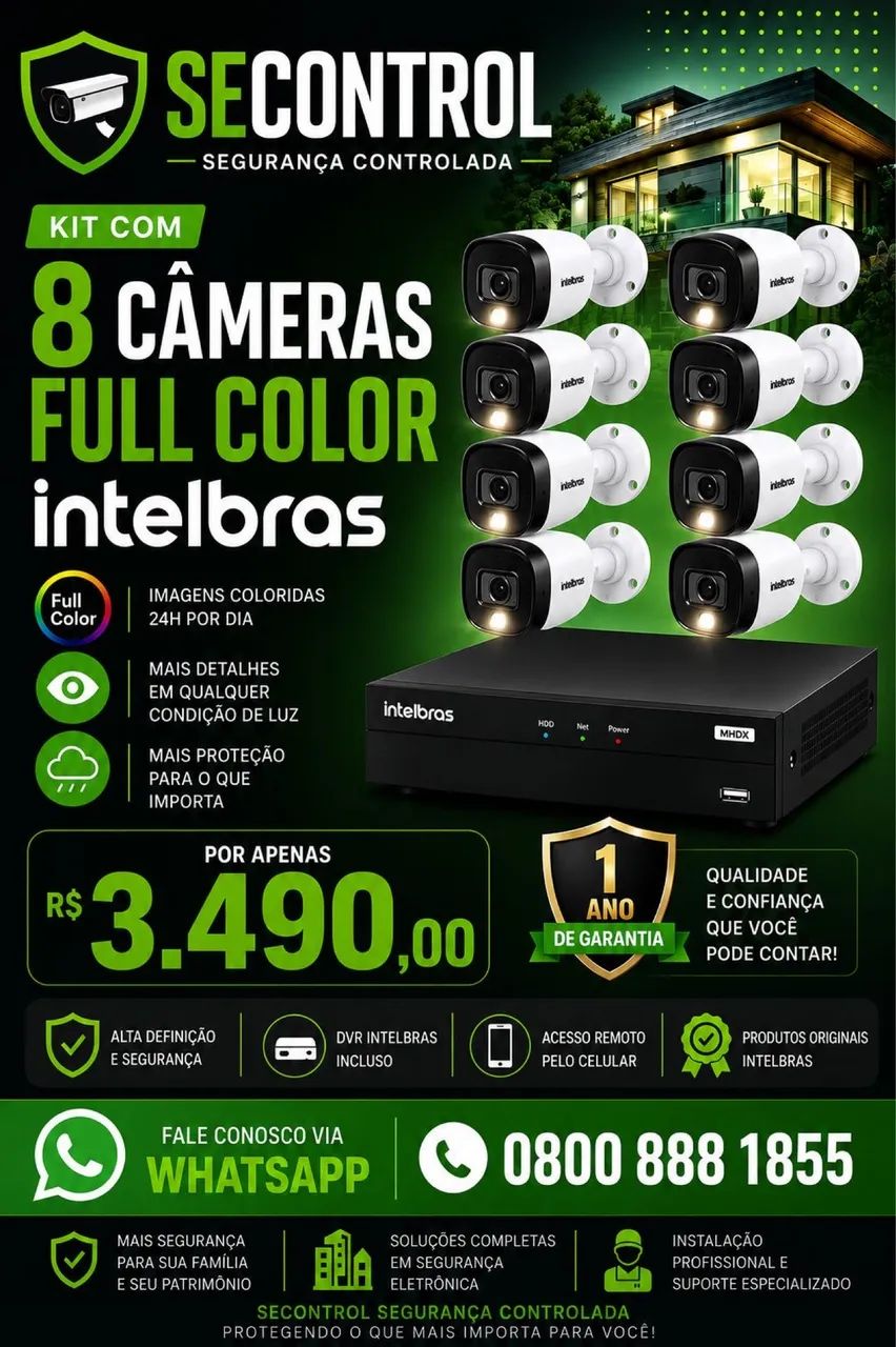 Kit com 8 câmeras intelbras, instalado 
