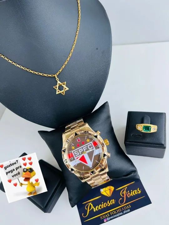 Kit Luxo - Relógio, Anel e Colar Dourado time do coração  - Foto 2