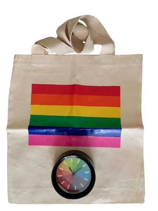 Bolsa Sacola Pano Bege + relógio redondo de mesa 11cm Arco Iris