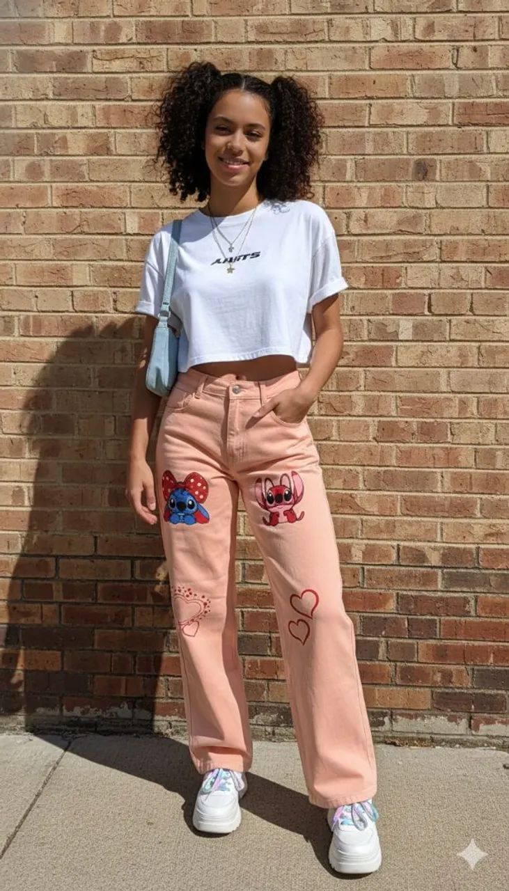 Calça jeans feminina Stitch 