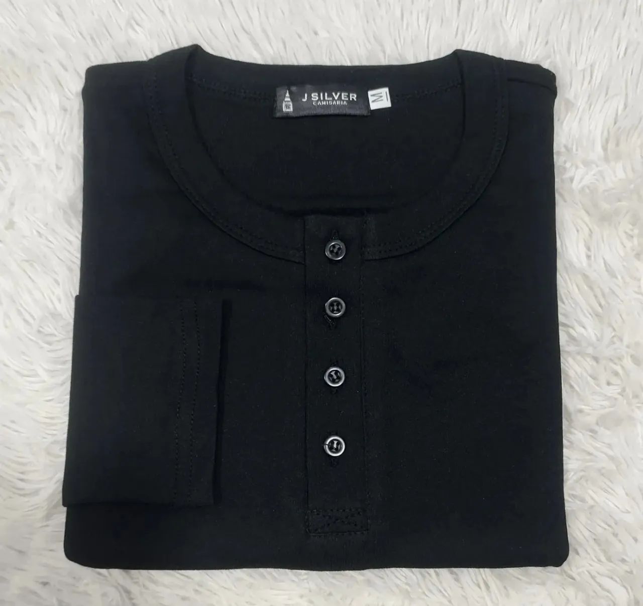 Camisas Henley Longa Preta 4 Botões - Foto 2