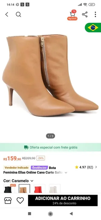 Bota Feminina Ellas Online Cano Curto Salto Caramelo