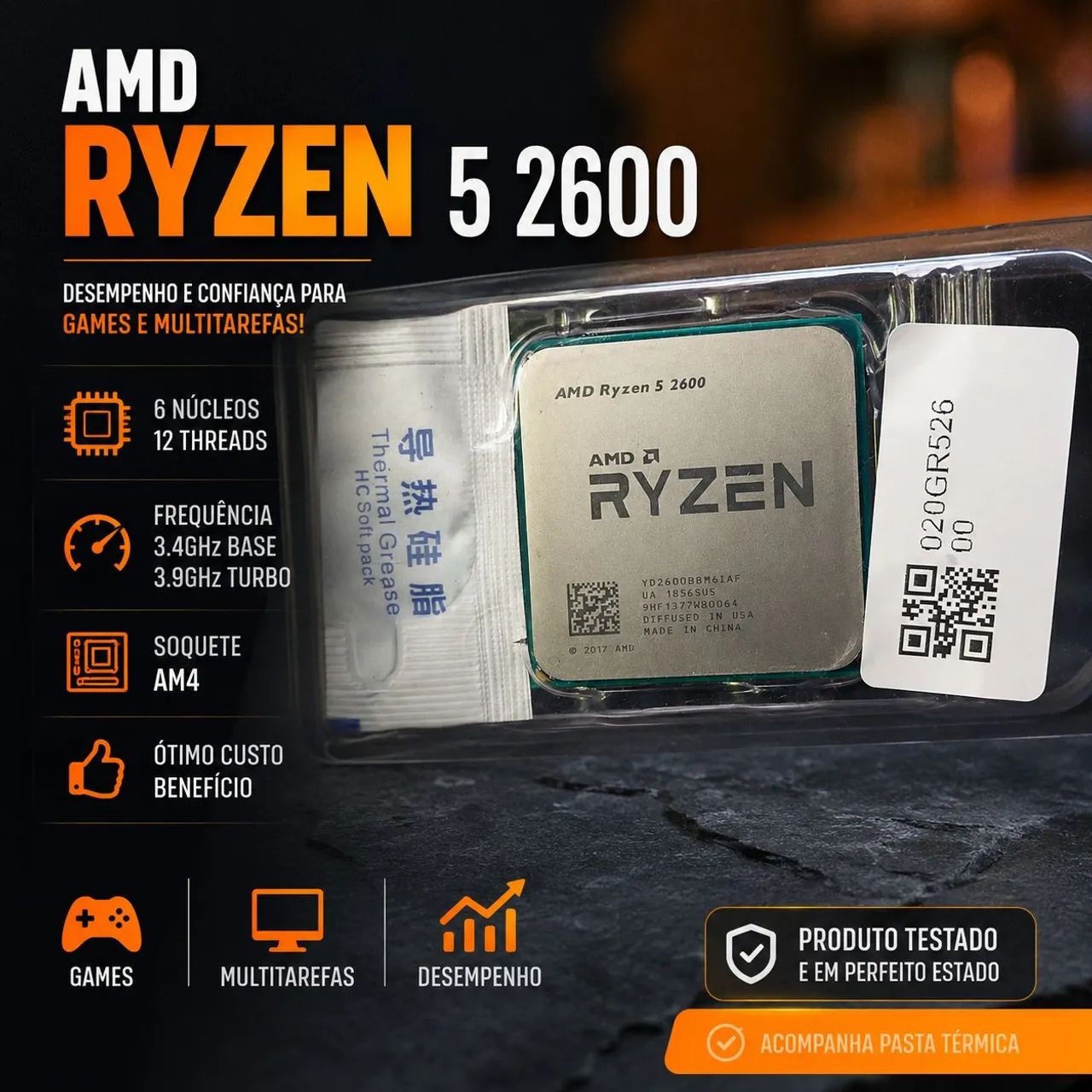 ? AMD Ryzen 5 2600 6 Núcleos 12 Threads + Pasta Térmica | Ótimo para Games e Upgrade