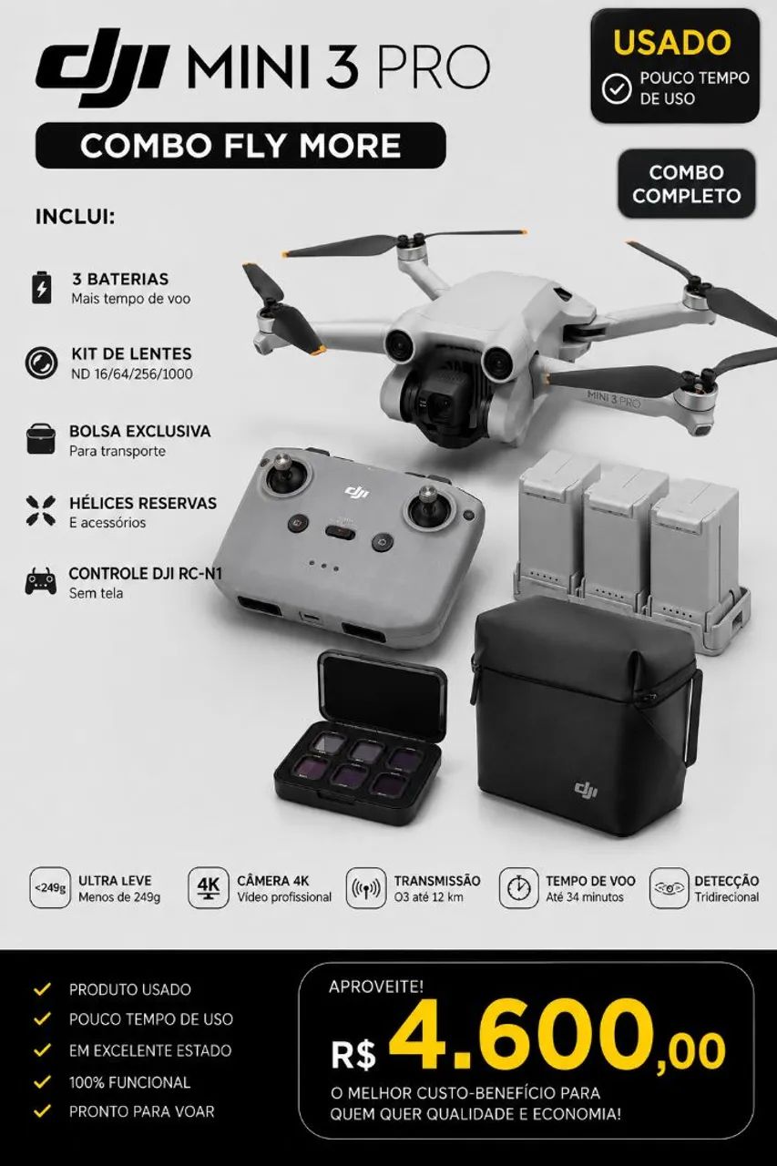 DJI Mini 3 Combo Fly More + Kit Lentes | Seminovíssimo (3 Baterias