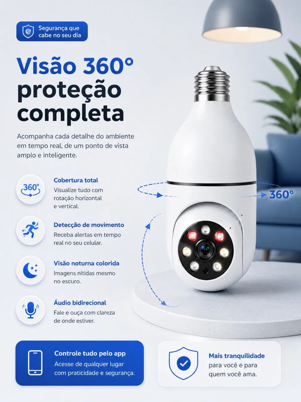 Câmera de Segurança 360 Wi-Fi com Visão Noturna e Sensor de Movimento - Foto 3