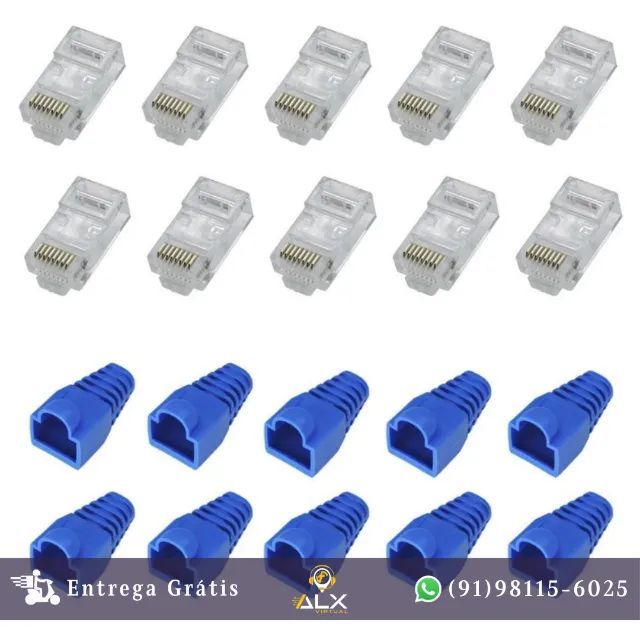 Kit 10 Conectores Rj45 Cat6 + Capa P/ Plug Azul *ENTREGA GRÁTIS*