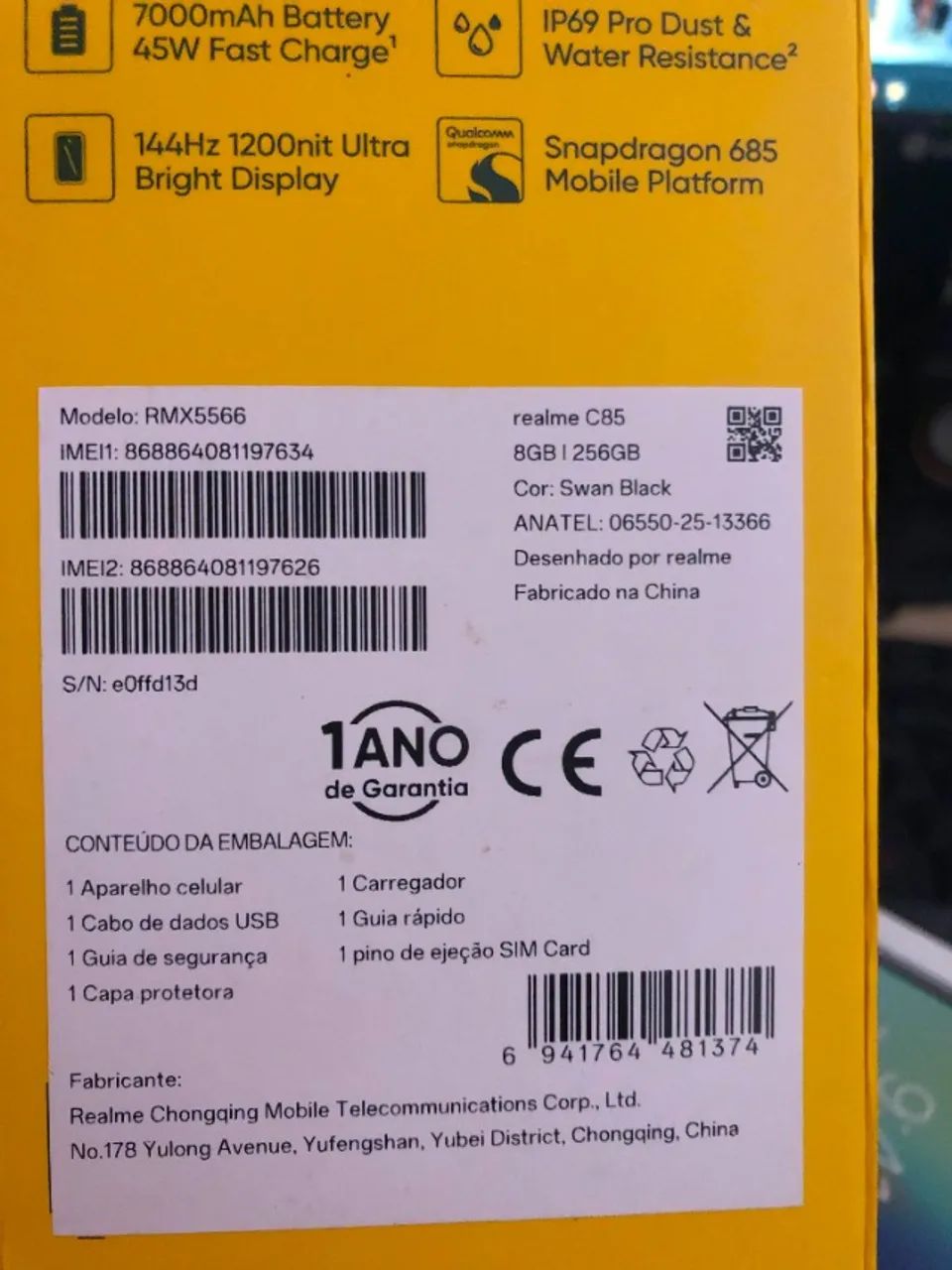 Realme C85 256GB | 8GB RAM | Apenas 1 semana de uso | Estado de