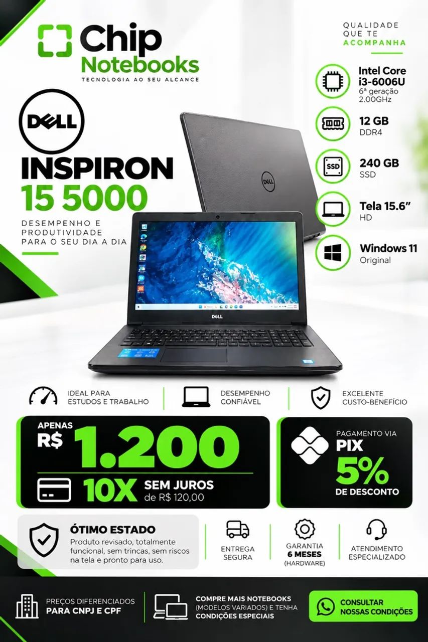 Notebook Dell 15 5000 core i3 16gb 256gb 15.6 polegadas 