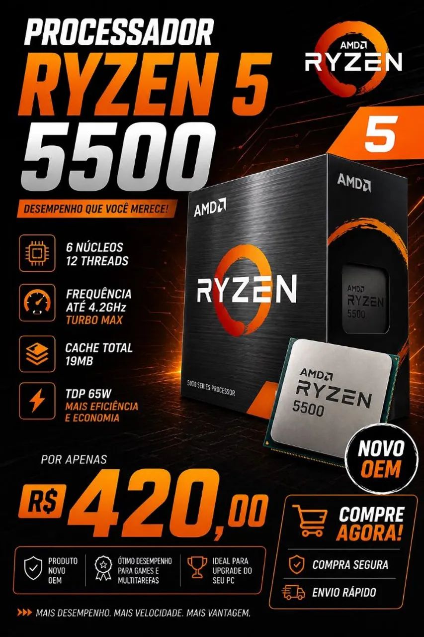 Processador RYZEN 5 5500 Novo, c/ Garantia 