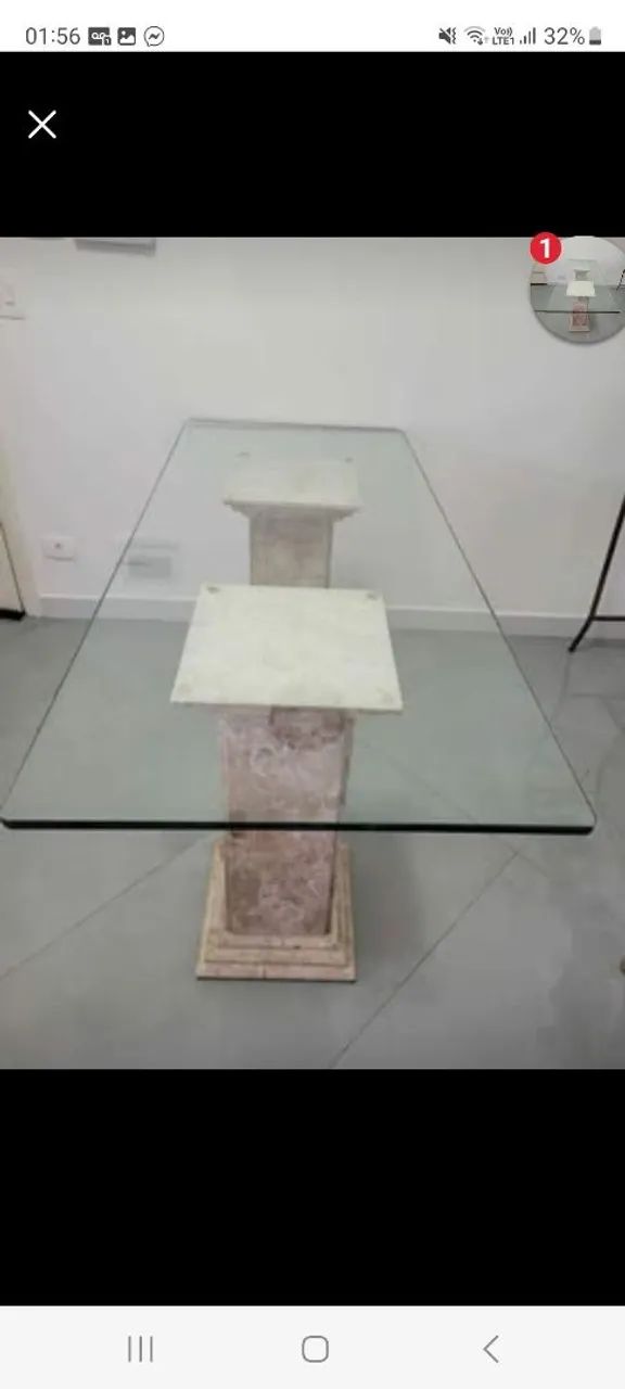 Mesa De Vidro Com Apoio Mármore Travertino. Só Retirada. - Foto 2