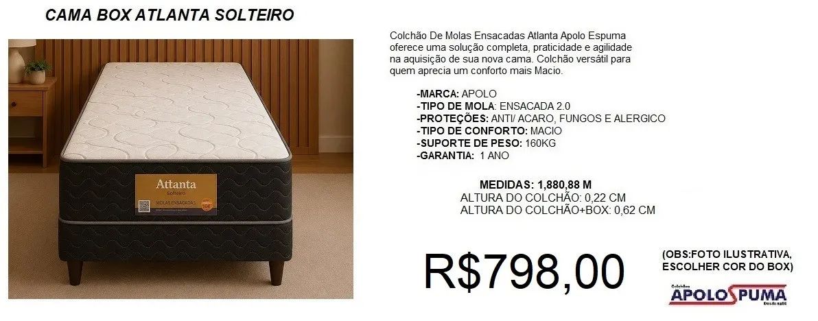 Cama box solteiro com colchão molas apolo atlanta