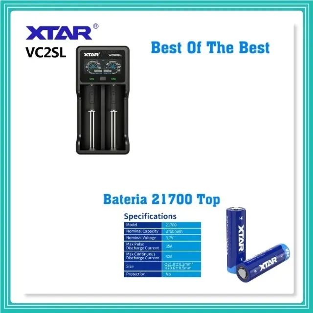 Carregador De Celurar E Baterias Xtar Vc2sl Li-ionlcd Usb+2 Baterias Xtar 21700
